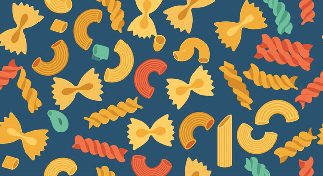Fun seamless pattern showcasing different types of dry pasta shapes like farfalle, fusilli, and penne on a dark blue background.
