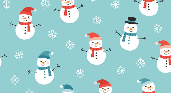 Cheerful seamless pattern with cute snowmen wearing red and blue hats and scarves among white falling snowflakes on a teal background.