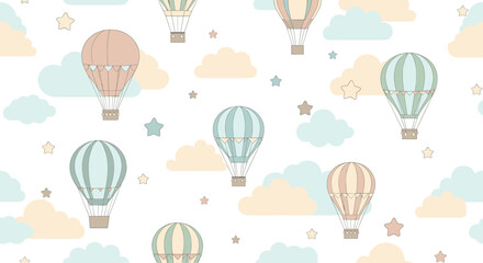 Seamless pattern with pastel hot air balloons, fluffy clouds, and small stars on a white background for baby nursery decor.