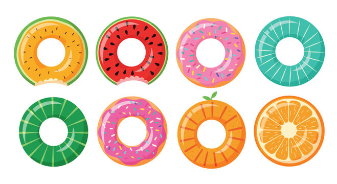 Set of colorful inflatable pool rings shaped like fruits and donuts for summer swimming pool party and beach holiday concepts.