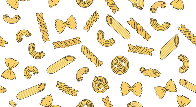 Seamless pattern of different pasta shapes like penne, fusilli, and farfalle on a white background for Italian cuisine themes.