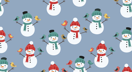 Whimsical seamless pattern of cute snowmen wearing winter hats and scarves with little colorful birds perched on their arms.