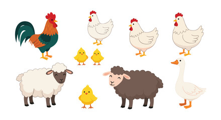 Diverse set of cute farm animal icons featuring a rooster, hens, chicks, sheep, and a goose for agricultural themes.