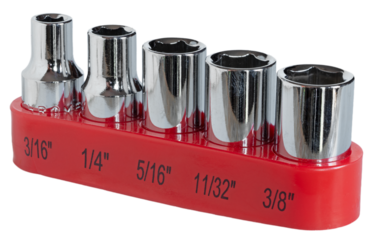 Five piece socket set in a red organizer