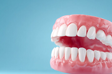 Fototapeta premium Realistic human teeth and gums model on a blue background