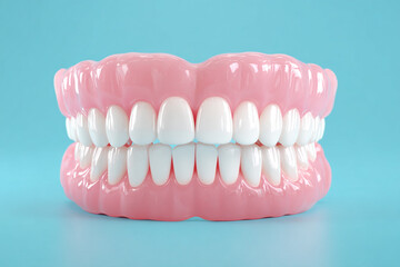 Obraz premium realistic dental prosthesis showing full set of white teeth and pink gums on bright blue background