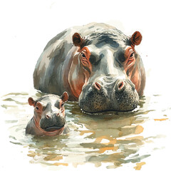 watercolor of Hippopotamus Mother Guiding Calf vector painting, isolated on a white background.