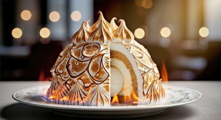 Luxurious Baked Alaska Food Portrait With Delicate Meringue Swirls and Warm Light