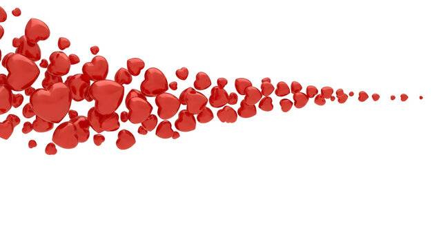 Flowing red hearts isolated on transparent background