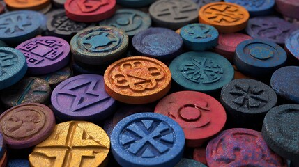 Colorful abstract geometric stone tokens with various symbols and patterns, vibrant multicolored background, close up view
