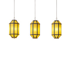 Three hanging yellow geometric lanterns