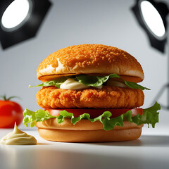 Close-up of a crispy chicken sandwich with lettuce tomato and mayonnaise on a white surface