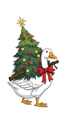 White Goose Carrying Christmas Tree with Red Bow