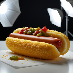 Corn dog with ketchup and relish on white plate hot dog