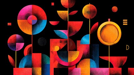 Vibrant abstract geometric composition with colorful shapes on black background for creative design