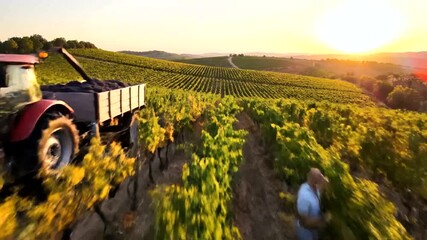 Tractor with grapes in a vineyard at sunset, showcasing the wine harvest process and agricultural landscape.
