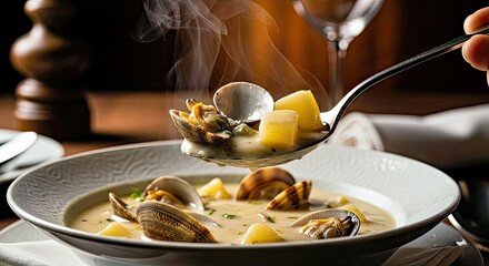 Luxurious Editorial Close-up of Clam Chowder Spoonful With Elegant Tableware