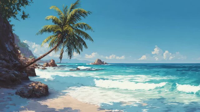 Palm tree leans over sandy beach with clear water and blue sky in tropical setting during daytime near rocky outcrops