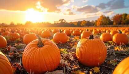 Autumn sunset bathes a pumpkin farm in light