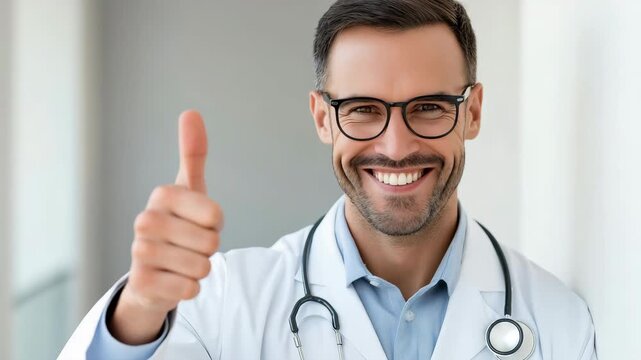 Doctor expressing satisfaction and confidence with thumbs up in a medical setting
