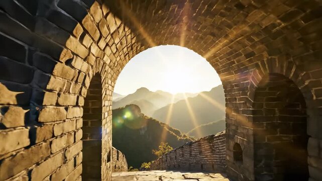 Aerial view of the Great Wall of China at sunrise and sea of ​​clouds.