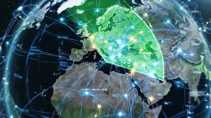 Green digital globe network visualization illuminated connection nodes and data map projection over europe with translucent earth node network and global connection visualization - Powered by Adobe
