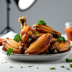 Glazed chicken wings on a white plate with parsley