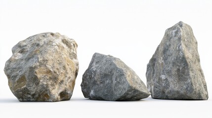 Collection of big rock stones in realistic 3D render isolated on white background for design projects and natural textures in digital art