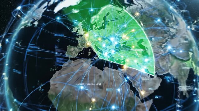 Green digital globe network visualization illuminated connection nodes and data map projection over europe with translucent earth node network and global connection visualization