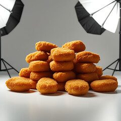 Golden brown nuggets stacked on white surface with studio lights