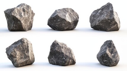 Collection of big rock stones on white background in realistic 3D render showing different angles and positions of the rocks