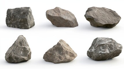 Collection of big rock stones isolated on white background with realistic 3D render showing different shapes and sizes in one space