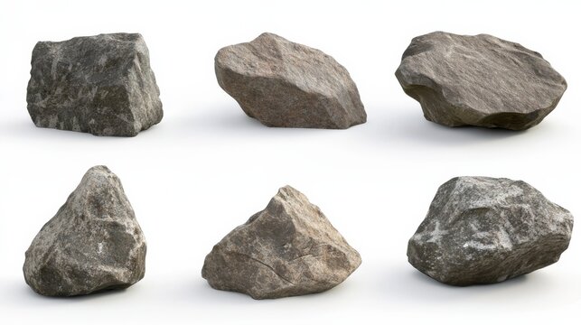 Collection of big rock stones isolated on white background with realistic 3D render showing different shapes and sizes in one space
