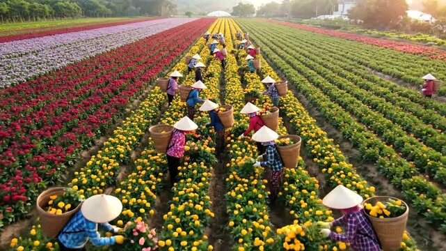 Farmers harvesting colorful flowers in a vast field under the morning sun, showcasing agricultural work and vibrant nature.
