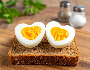 Two hard-boiled egg halves with heart-shaped yolks placed on a slice of brown bread. Salt and pepper shakers appear in the background. The creative food presentation evokes themes of love, breakfast.