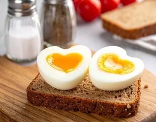 Two hard-boiled egg halves with heart-shaped yolks placed on a slice of brown bread. Salt and pepper shakers appear in the background. The creative food presentation evokes themes of love, breakfast.