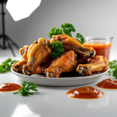 Plate of sauced chicken wings with parsley garnish
