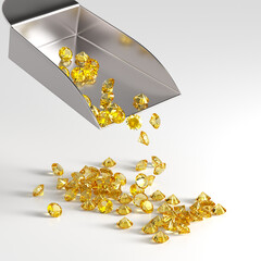 Topazes fall from a scoop on a white background. Selection and sorting of stones. Jewelry industry. 3d rendering.