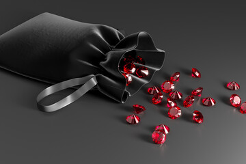 Velvet black bag with the scattering of rubies on the dark background. Exhibition of precious stones. View from above. Jewelry industry. 3d rendering.