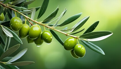 Green Olives On Branch Realistic Photo With Soft Green Background