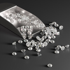 Metal scoop with diamonds on the table. Black background. Selection and sorting of stones. Jewelry industry. 3d rendering.