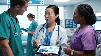 Diverse medical team discussing patient data on a tablet in a modern hospital setting, collaborating on healthcare solutions. - Powered by Adobe
