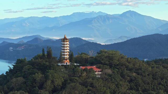 Aerial dawn view of Pa Cien Pagoda in Nantou, Taiwan Pacien pagoda, Sun Moon Lake, Nantou, Taiwan 
