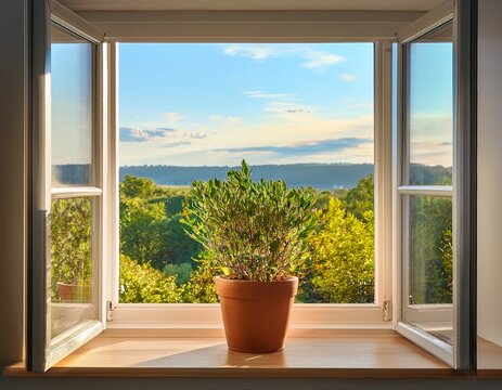 bright window with a potted plant and open pane overlooking a serene view