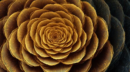 Golden spirals expanding in a mesmerizing fractal pattern on a dark background with intricate textures and swirling shapes