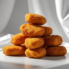 Stack of golden brown chicken nuggets on white plate