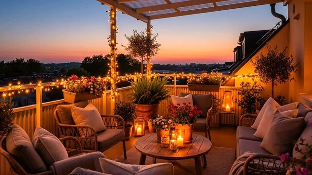 Beautifully decorated rooftop terrace with string lights and comfortable furniture at sunset, offering a cozy outdoor living space with city views.