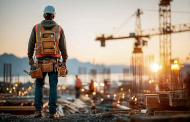 Construction worker inspecting job site at sunset with tools