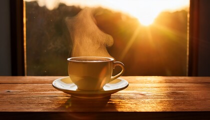 Steaming Hot Coffee Cup On A Wooden Table Bathed In Warm Golden Sunlight From A Window