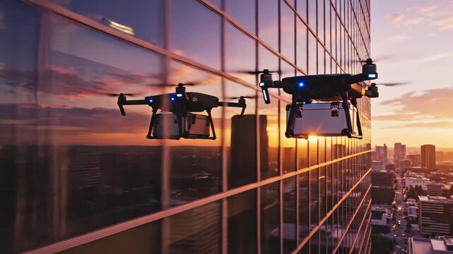 Two sleek drones navigate over a vibrant city skyline at sunset. Their journey reflects the joy of exploration as beautiful colors fill the sky, revealing the magic of urban landscapes.